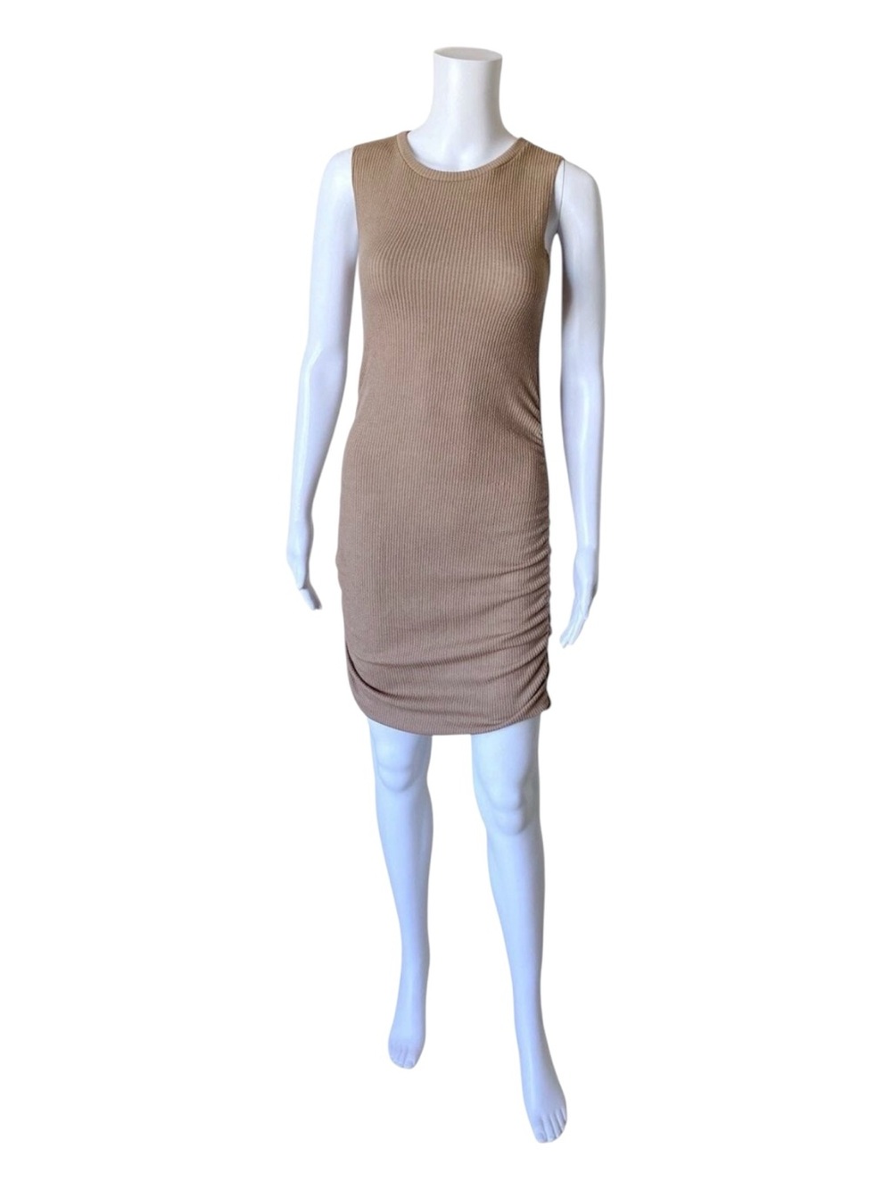 Antistar Bodycon Dress Women XS Brown Ribbed Ruched Mini Tank Sleeveless Stretch